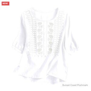 Embroidered Blouse Short Sleeve Lace Trim Crew Neck Casual Top